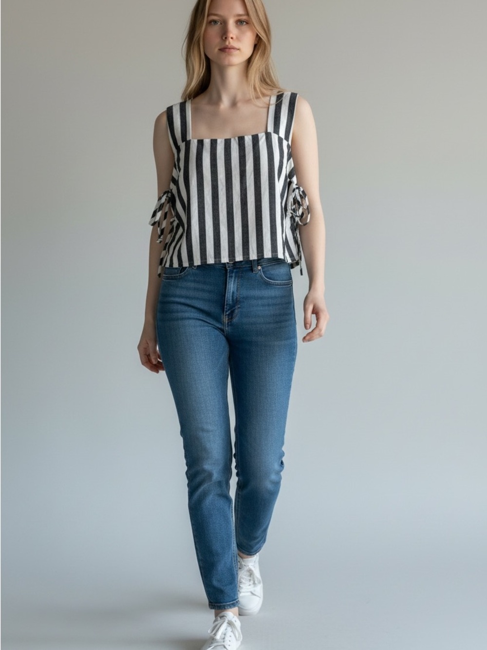 Striped Square-Neck Black & White Crop Top with Side Ties